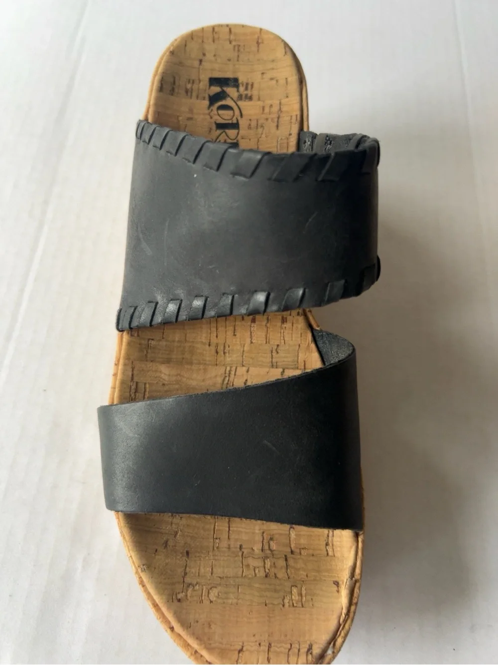 Korks Kendri Black Leather Double Strap Cork Footbed Comfort Slide Sandals Women